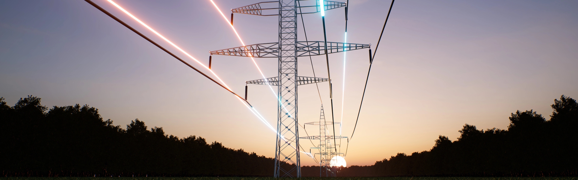 energy stream flowing through steel tower high voltage power lines